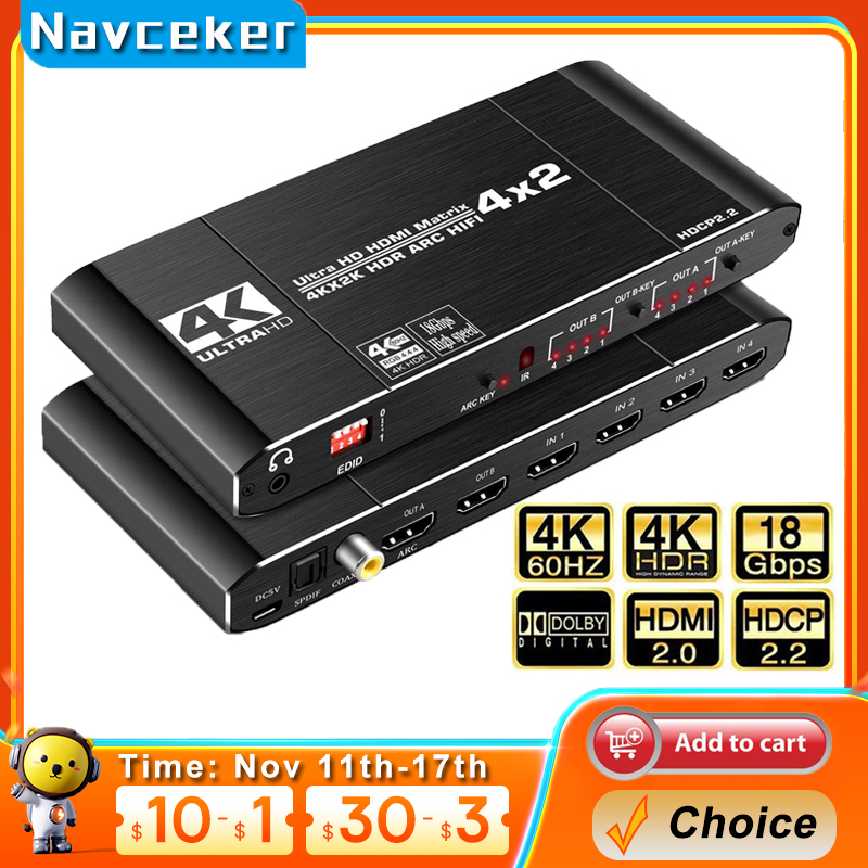 2026 4x2 マトリックス スイッチ スプリッター、SPDIF および L/R 3.5mm HDR HDM​​I 対応スイッチ 2x2 サポート HDCP 2.2 ARC 3D 4K@60Hz PS5 用