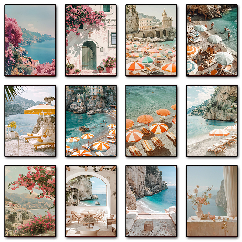 レトロイタリア海岸アマルフィ傘サマービーチヨーロッパ旅行ポスターキャンバス絵画壁アート写真家のインテリア装飾