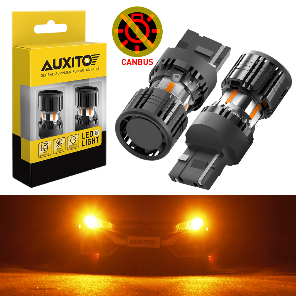 AUXITO 2 個ハイパーフラッシュなし T20 7440 LED Canbus W21W WY21W 7440NA LED ターンシグナル電球エラーフリーファン付きカーランプアンバー