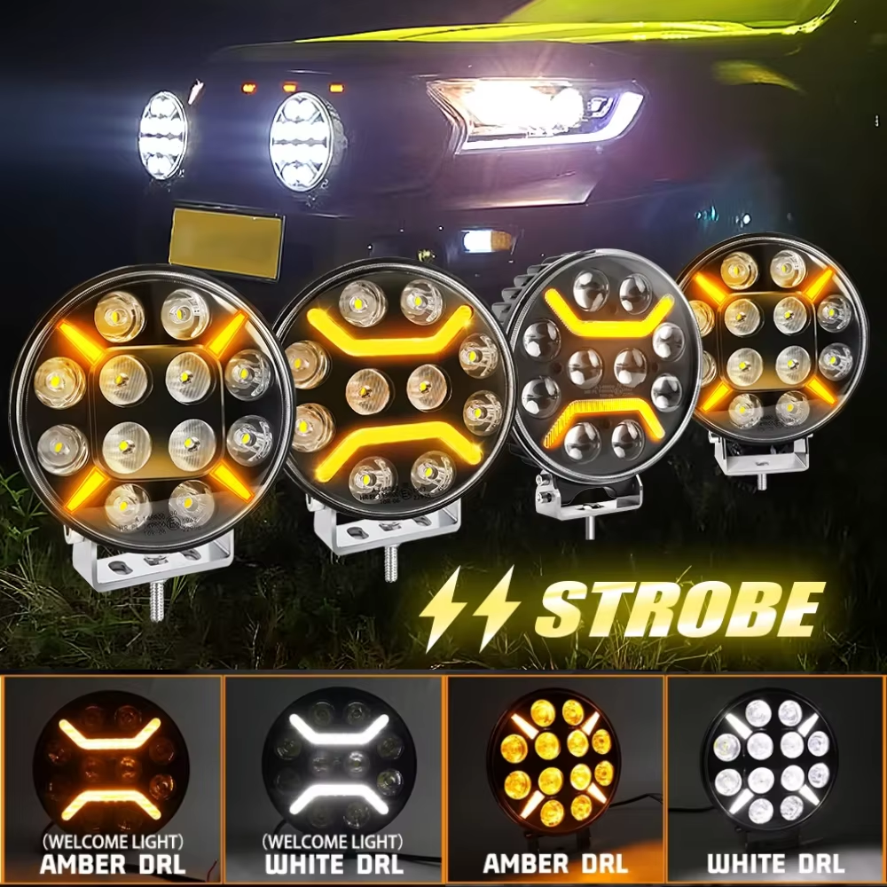 KeMu 7 インチ/9 インチラウンドライトデュアルカラーホワイトドライビングライトアンバー DRL ストロボライト付きオートバイ車 4x4 UTV 12V 24V