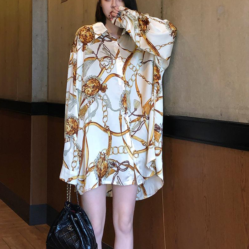 カジュアルルーズシャツドレス特大女性のシフォンブラウス春夏長袖トップス Blusas Mujer