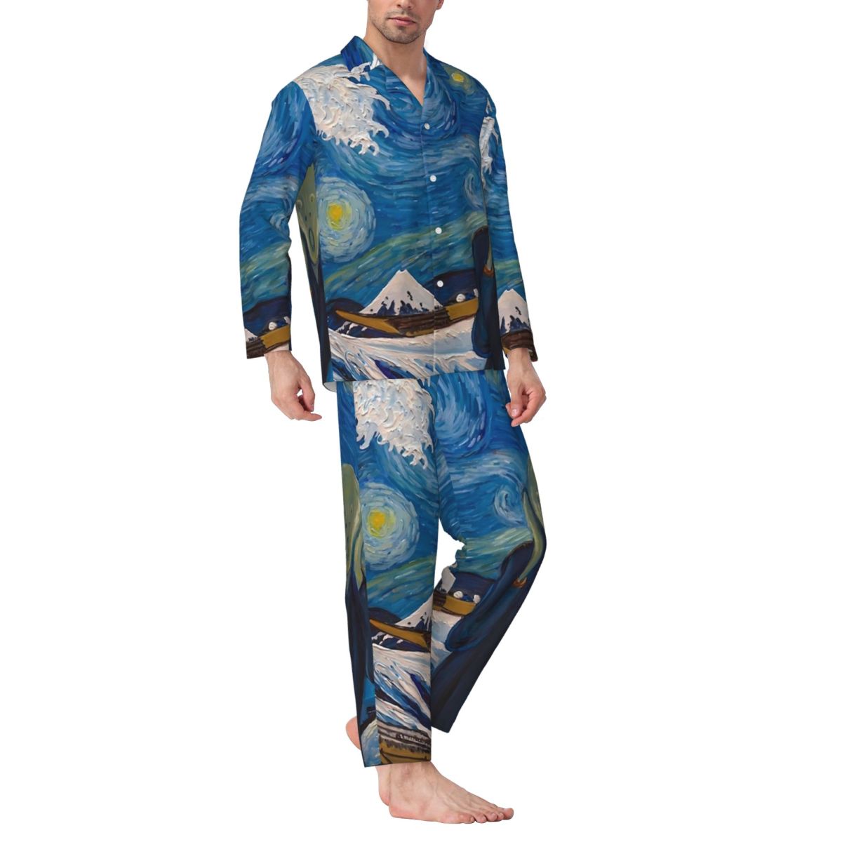 パジャマ男性ゴッホ星月夜の寝室パジャマグレートウェーブ 2 ピースカジュアルルーズパジャマセット素敵な特大ホームスーツ