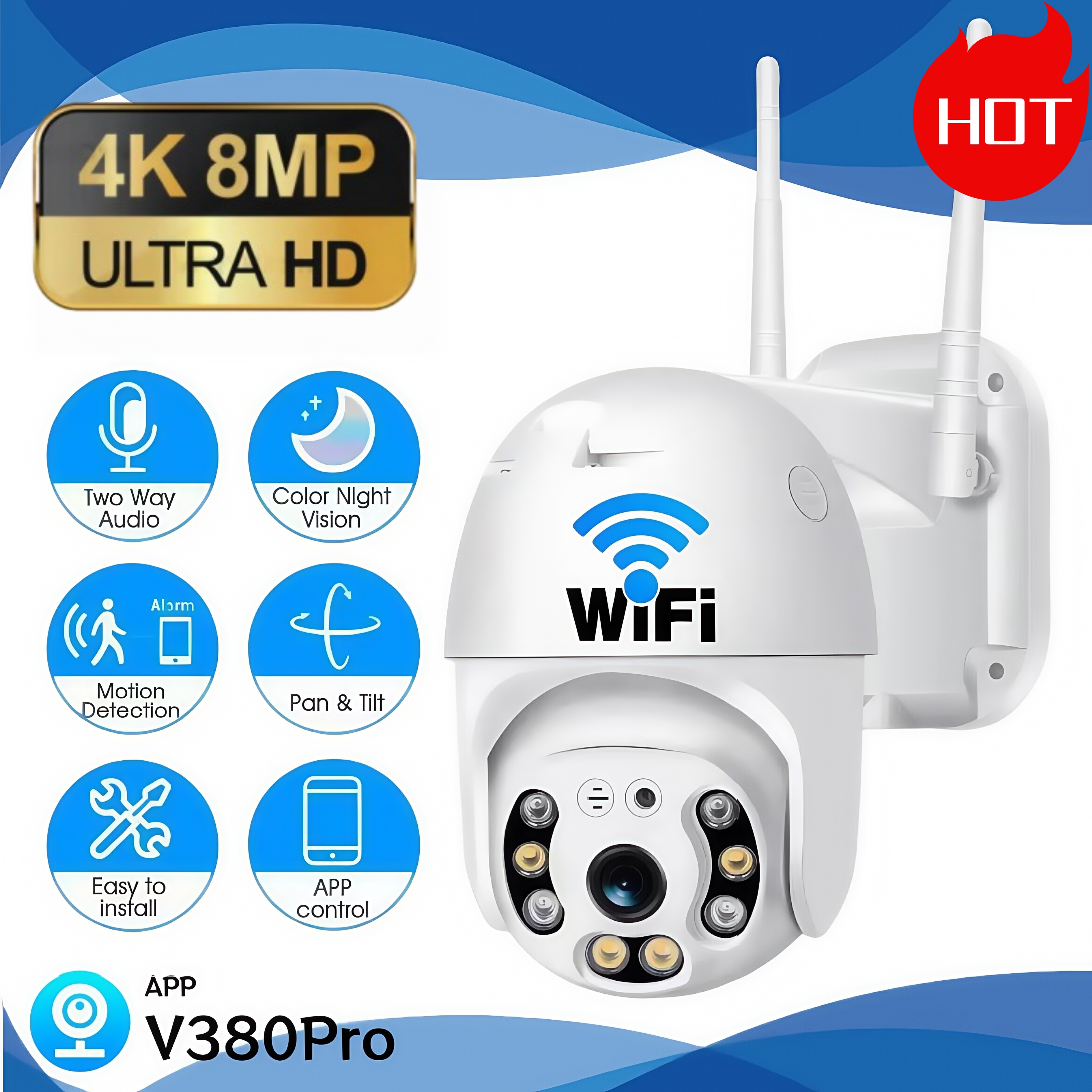 V380 プロ 4K 8MP WiFi カメラ屋外ホームセキュリティ IP スマートモニタービデオ監視カメラフルカラーナイトビジョン CCTV