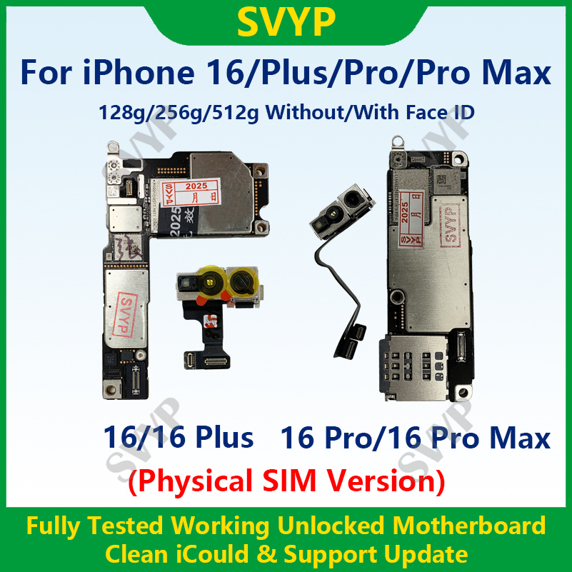 iPhone 16ProMax メインボード用の完全にテスト済みの 100% 動作マザーボード、Face ID ロック解除およびクリーニング済みの iCloud 物理 SIM バージョン付き