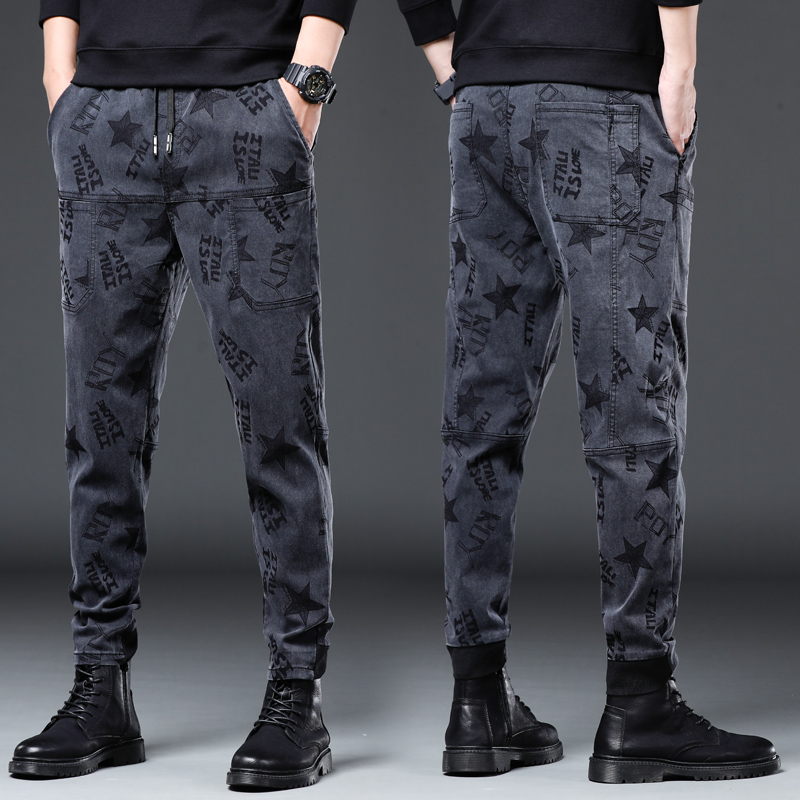 大サイズ 5XL 6XL 秋メンズ 6 ポケットカジュアルパンツブラックグレースターレターパターンストレッチストレートファッションズボン男性