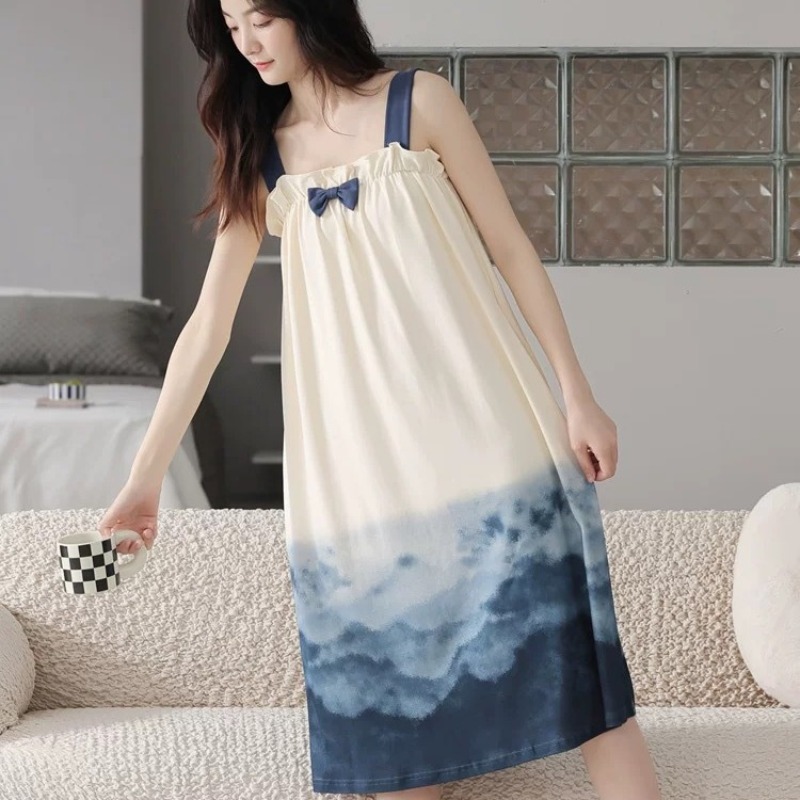 女性の夏の薄いサスペンダー寝間着胸パッド付きミッドレングスかわいいリボンハートプリントレディースパジャマ屋外で着用可能