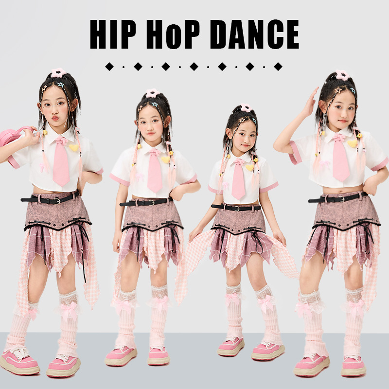 Kids Streetwear Hip Hop Clothes Crop Top Pink Plaid Skirt Child Jazz Dance Costume Girl Group Kpop Street Dance Sets