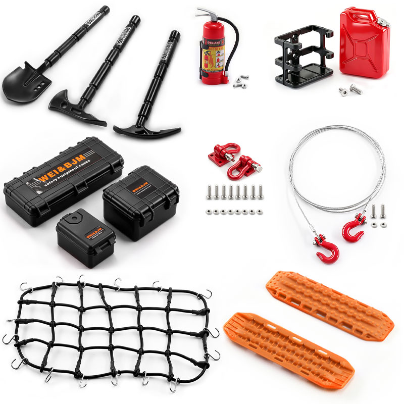 12-in-1 究極の 1/10 RC クローラーリカバリツールキット - ミニシャベル、斧、ボックス、牽引ロープ、シャックル、ルーフネット TRX4 SCX10 Capra 用