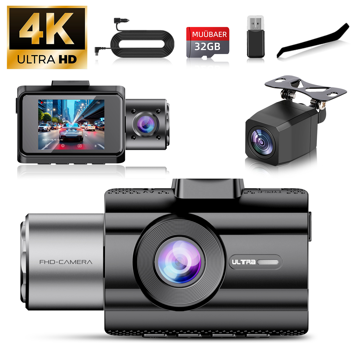 車用ダッシュカム 3 チャンネル車 DVR 4K カメラビデオレコーダー車両用フロントおよびリアインサイドビューカメラ 3 ウェイダッシュカム