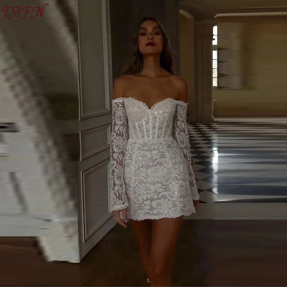TAFN 光沢のあるフルレースミニショートウェディングドレスオフショルダー長袖米国女性の花嫁ドレスカスタマイズされたパーティーブライダルドレス