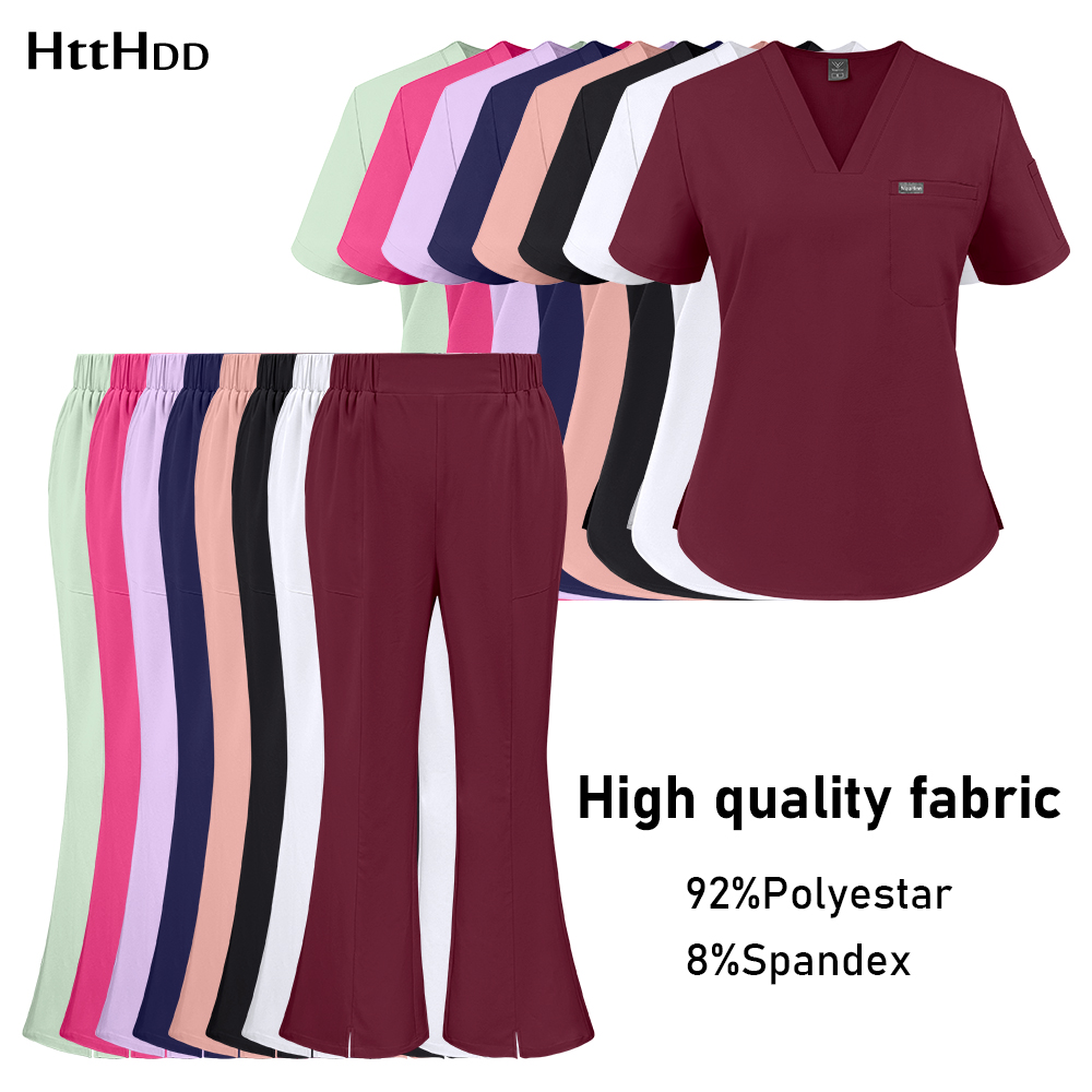 新しいファッションナース制服半袖トップとフレアパンツセット医療服女性のための弾性通気性看護スクラブセット