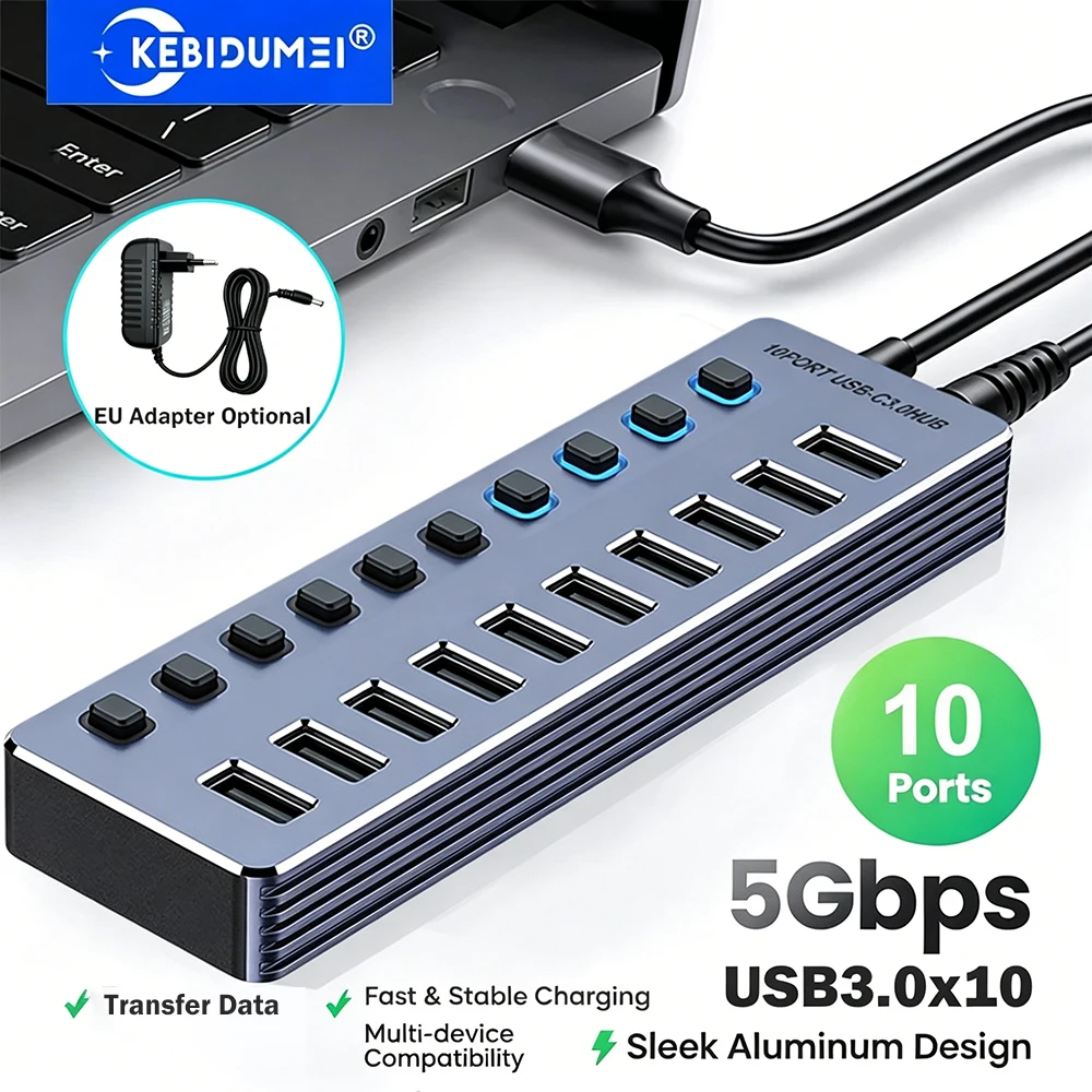KEBIDUMEI 10 ポート USB 3.0 ハブ、独立したオン/オフ スイッチ付き 5Gbps 高速 Type-C スプリッター USB ドッキング ステーション ラップトップ用