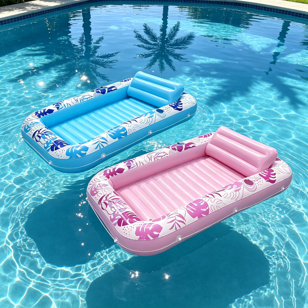 1pc PVC インフレータブルトロピカルリーフプリントフローティングウォーターラフトヘッドレスト付き、大人用大型スイミングプールフロートベッド