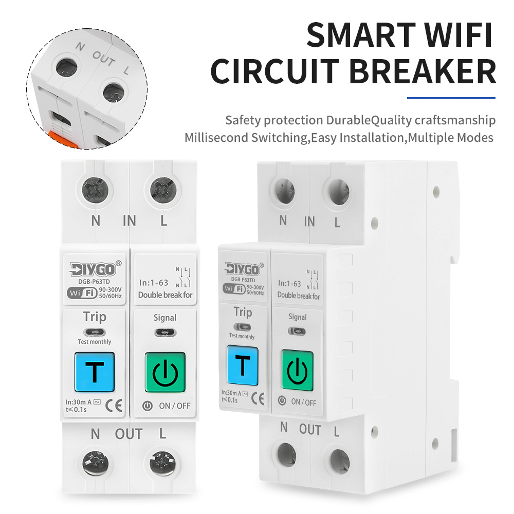 2P TUYA WIFI スマートサーキットブレーカー電圧電流漏洩保護装置調節可能なリモコンスイッチエネルギーメーター L N