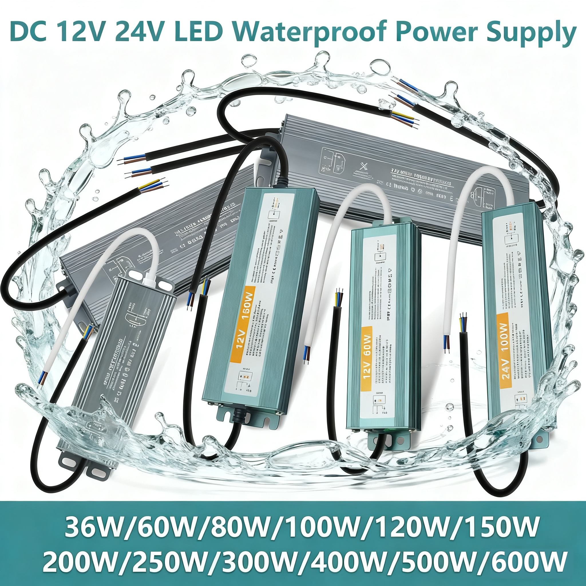 DC 12V 24V 防水電源 IP67 屋外 LED 照明トランス 60 ワット 80 ワット 100 ワット 150 ワット 200 ワット 300 ワット 400 ワット 500 ワット 600 ワット LED ドライバー