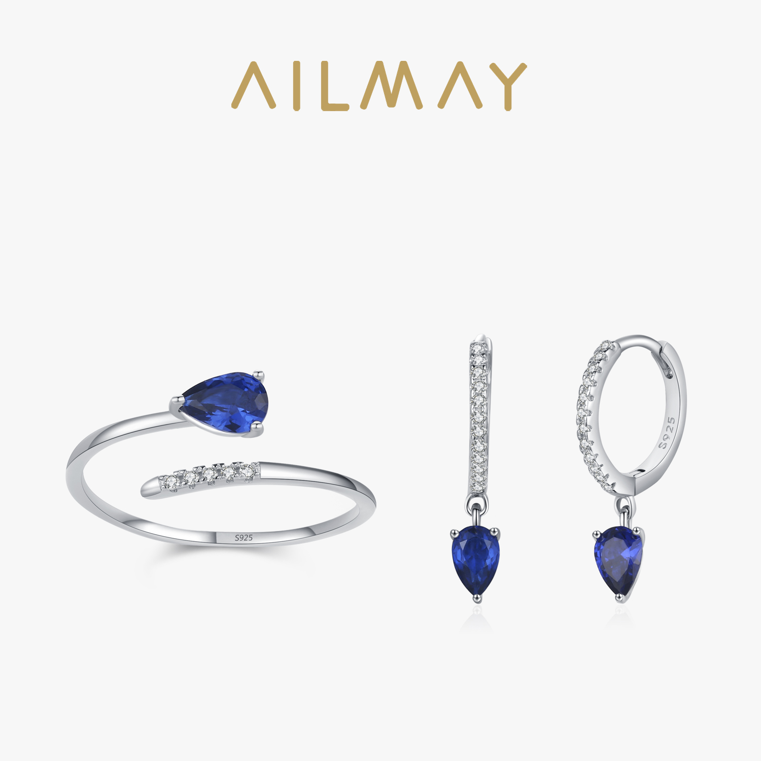 Ailmay 925 スターリングシルバーエレガントなブルー洋ナシ形のイヤリングオープンリングセット女性のためのまばゆいばかりのキュービックジルコニアファイン女性ジュエリー