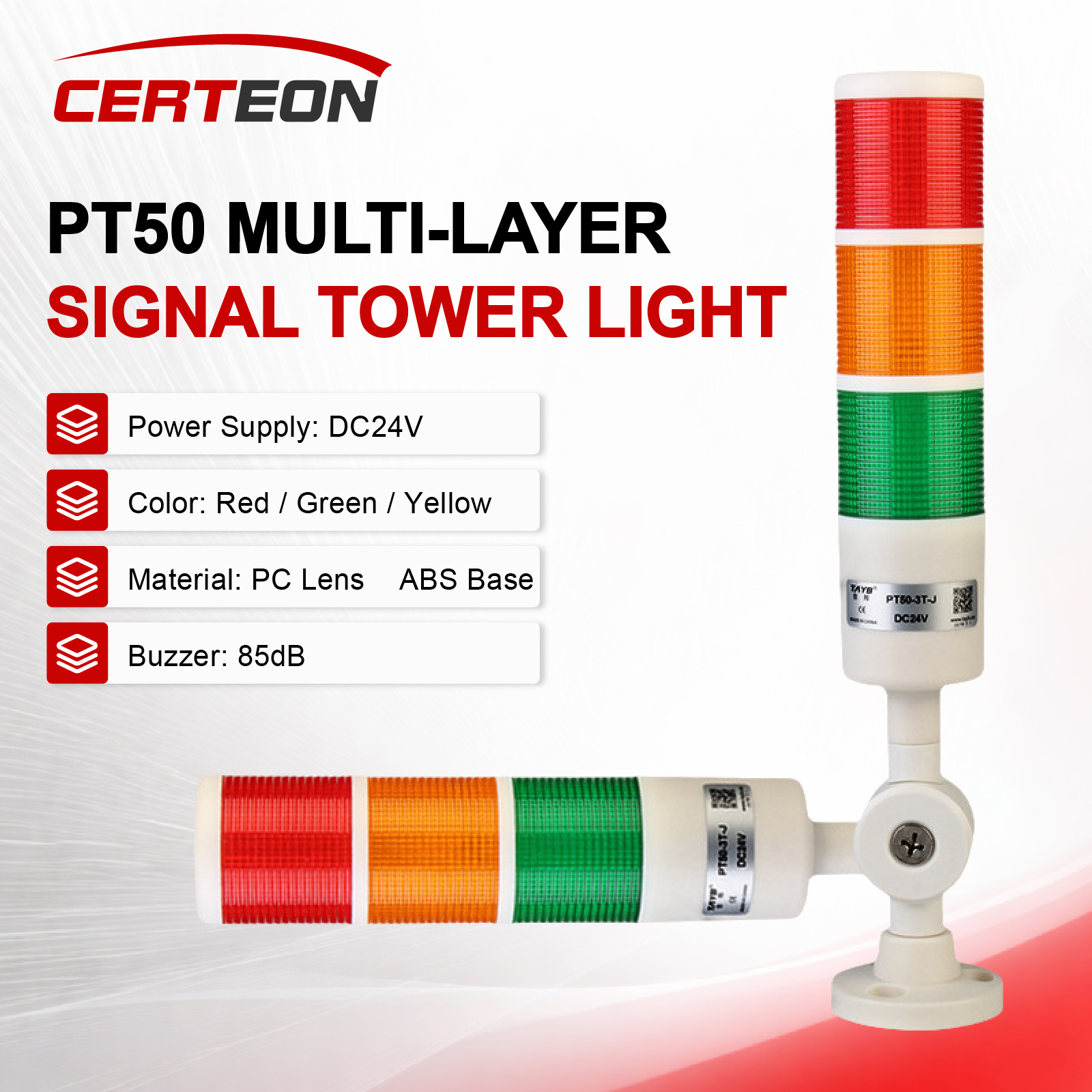 PT50 LED スタックライトシグナルタワーライト CNC マシン DC24V ブザー 180 度折りたたみ式耐熱 1 2 3 色