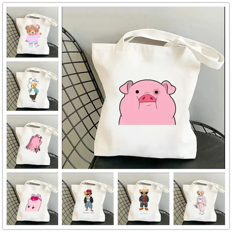 原宿かわいい豚女性キャンバスショルダーバッグかわいいクマショッピングバッググラフィックエコレディショルダーハンドバッグ大容量