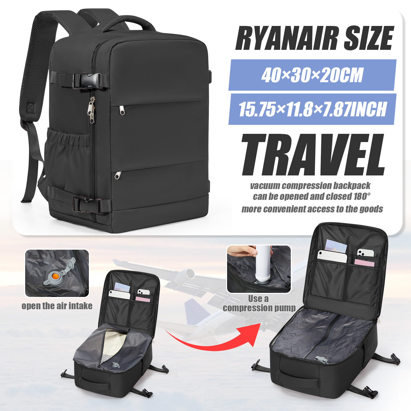 真空バックパック Ryanair 40x30x20 トラベルバックパック 短距離 ビジネス WizAir キャビンバッグ 15.6インチ ラップトップバッグ メンズ レジャーバックパック