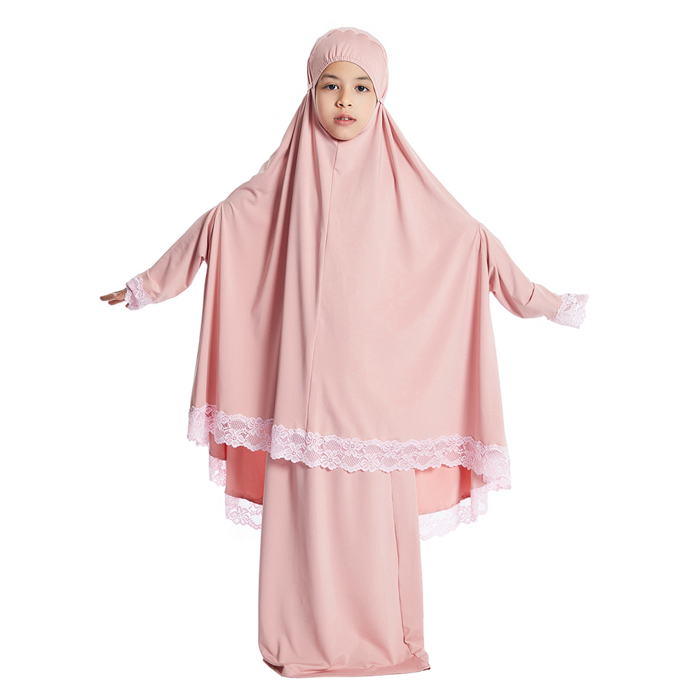 2 個セット祈り衣服レースドレスイスラム教徒の子供女の子アバヤガウンオーバーヘッドヒジャブロングキマールラマダンスカートアラブ服 Niqab
