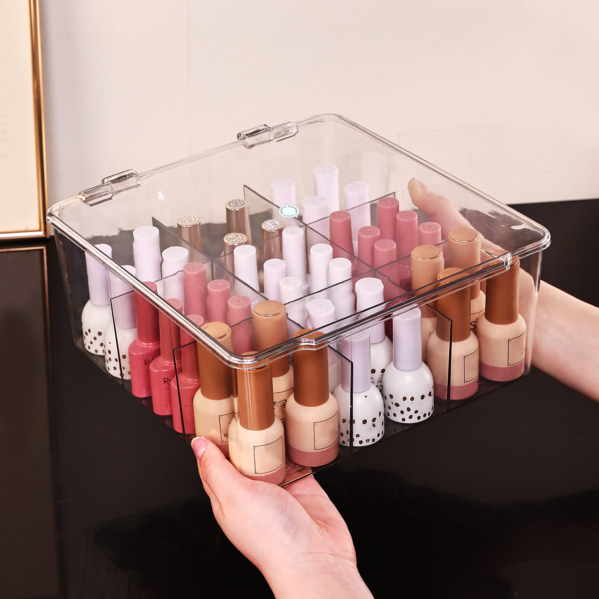 透明マニキュア収納ボックス-フリップトップタイプ、口紅、香水、エッセンス、9セル大容量ジュエリーボックスに最適