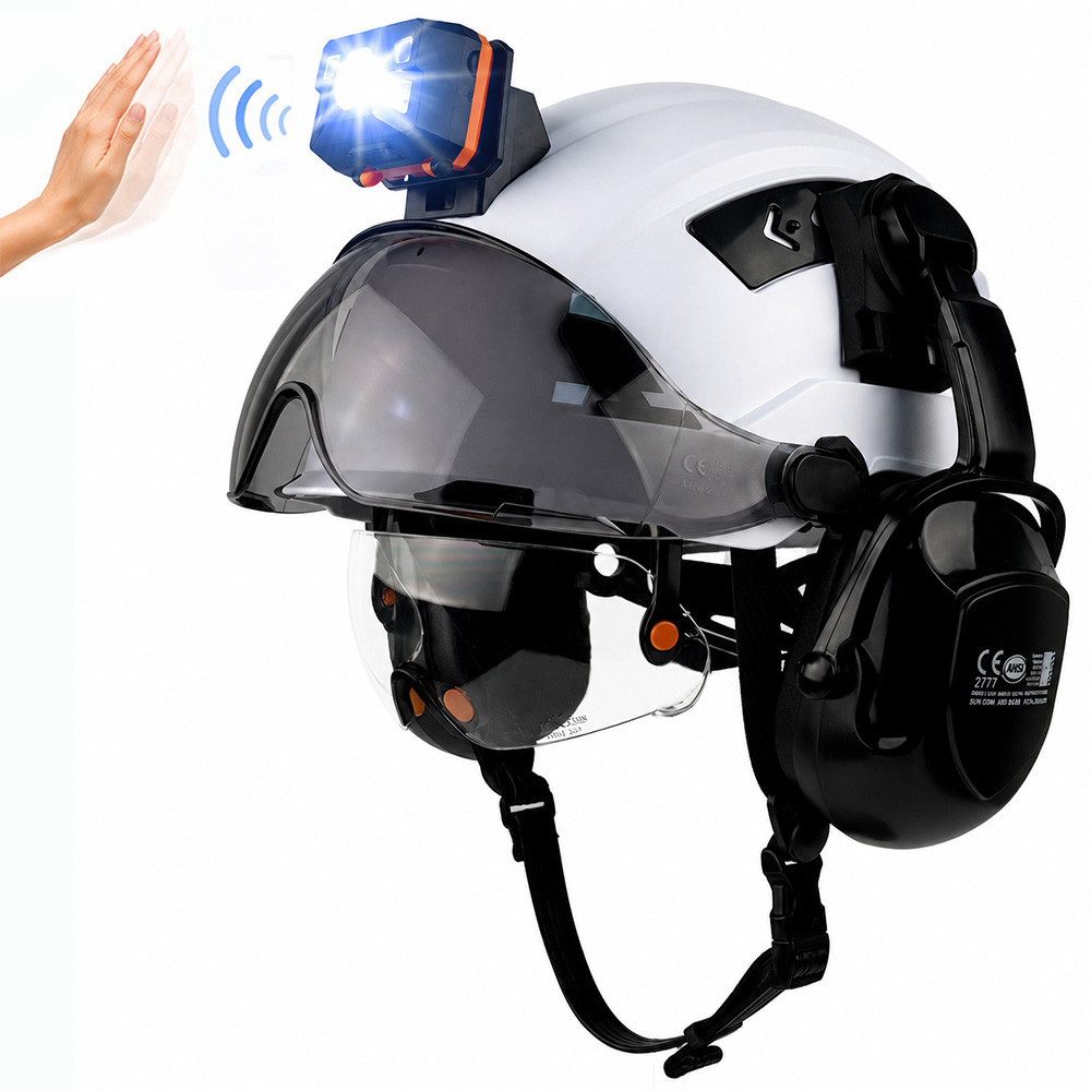 格納式デュアルバイザー安全ヘルメット LED ライトイヤーマフ付き CE ANSI スライドベントハードハット建設エンジニアワークキャップ