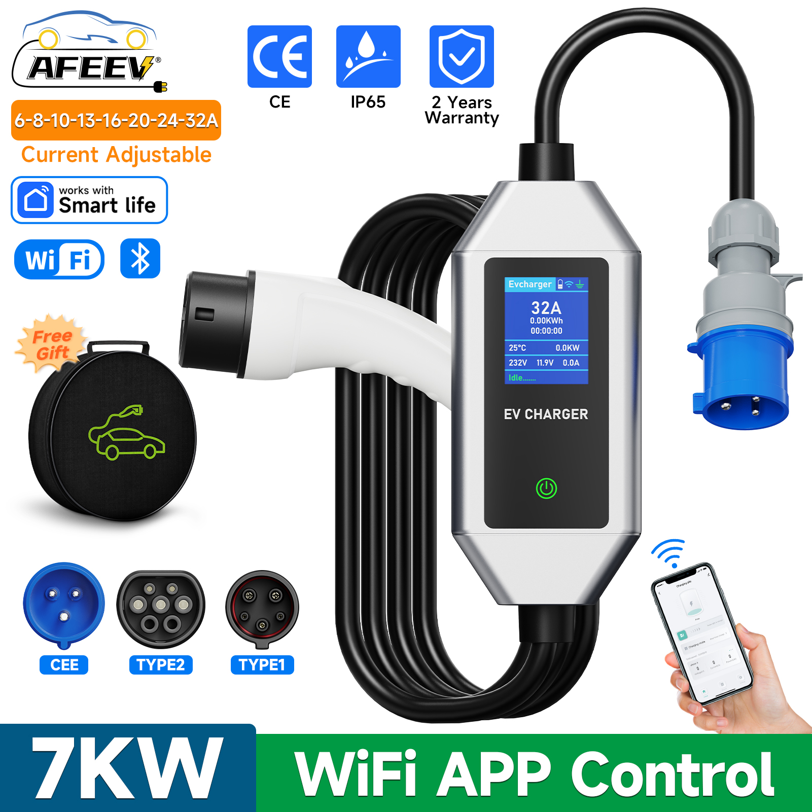 AFEEV 7KW 32A 1 相ポータブル EV 充電器 WiFi アプリ制御 Type2/Type1 電気自動車充電器ウォールボックス EVSE 高速充電ケーブル