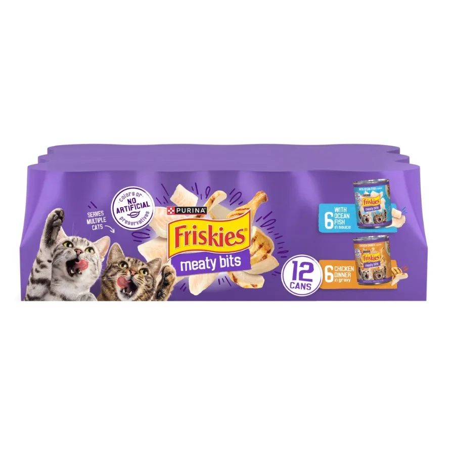 Purina Meaty Bits オーシャンフィッシュ＆チキンディナーフレーバーチャンクウェットキャットフードバラエティパック、13.5オンス缶12パック