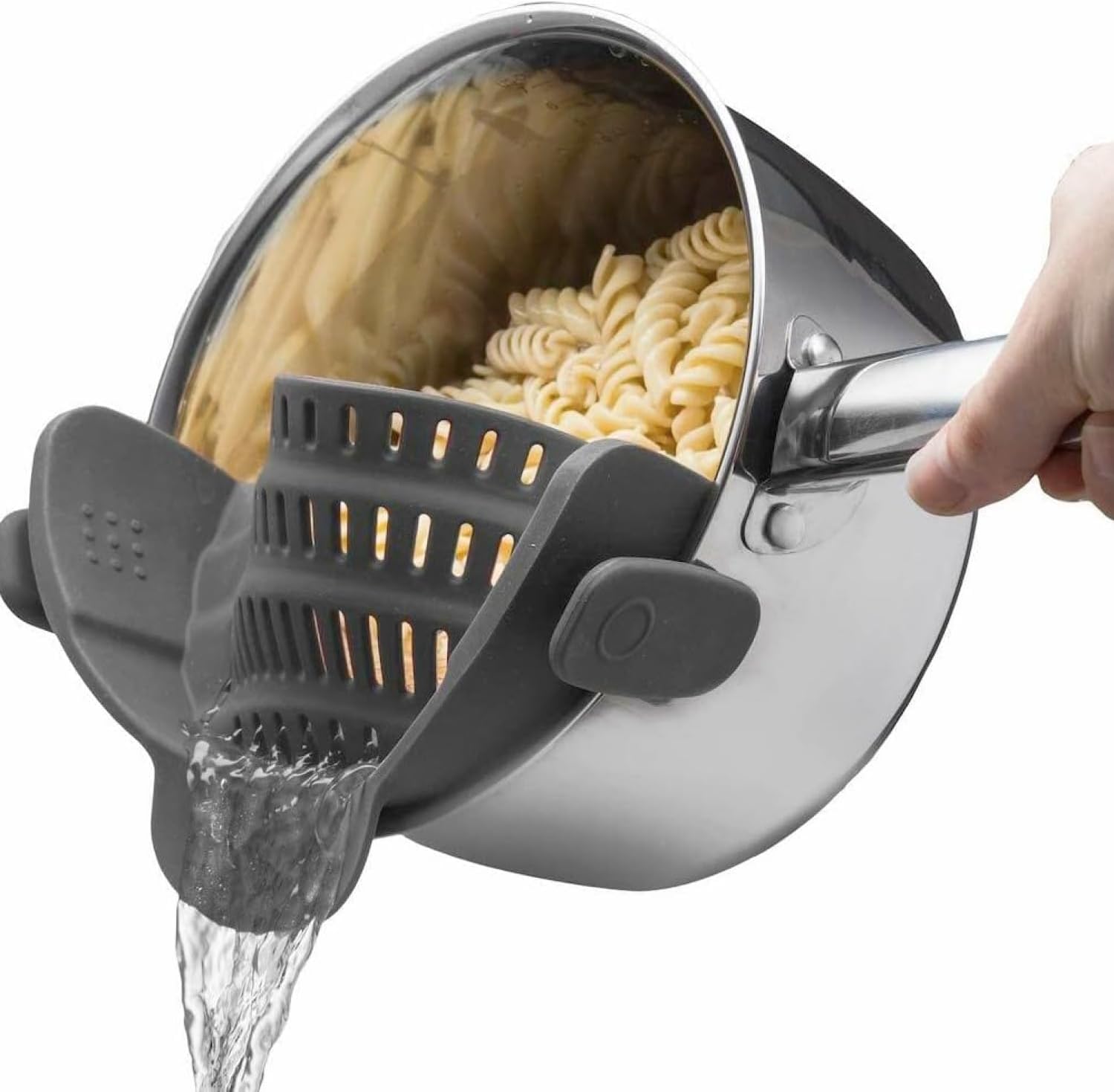 Snap N' Strain - 鍋やフライパン用のシリコンパスタストレーナークリップオン - 野菜や麺類用の耐熱ザル - Kitche