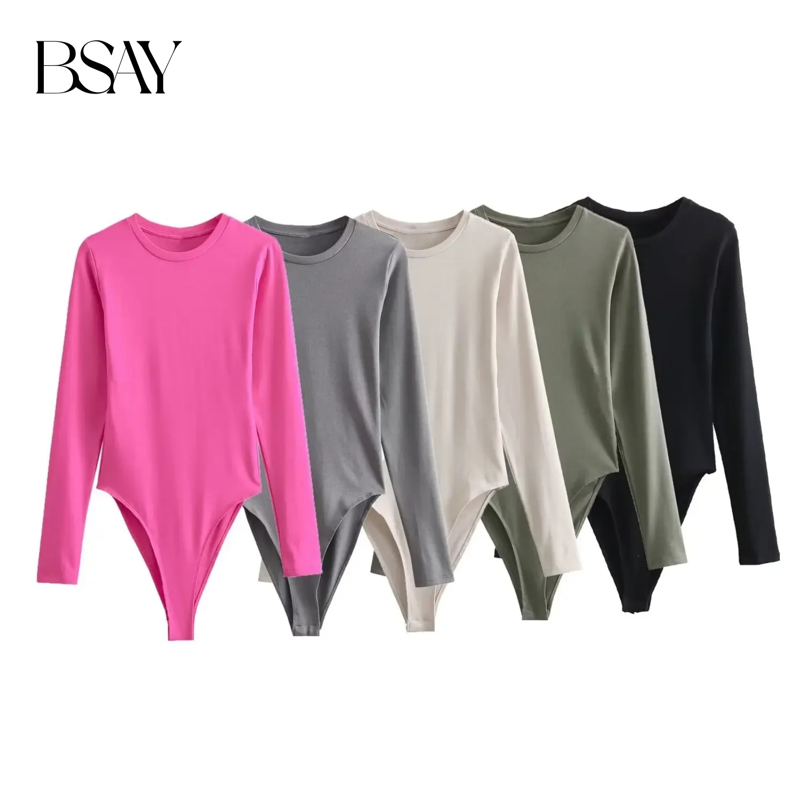BSAY 女性ファッション 2024 春の新ラウンドネックプルオーバー長袖トップコットン Tシャツシックな女性のジャンプスーツ Tシャツ Mujer