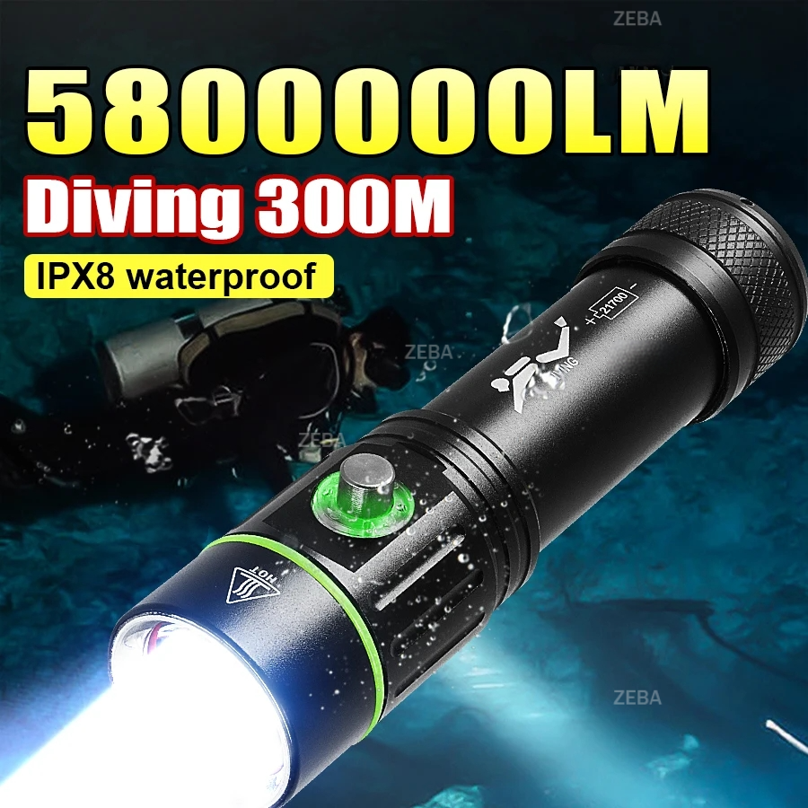 2026 5800000LM 最も強力なダイビングトーチ深さ 300 メートルプロフェッショナルダイビング懐中電灯スキューバダイビングランプ IPX8 水中ランタン