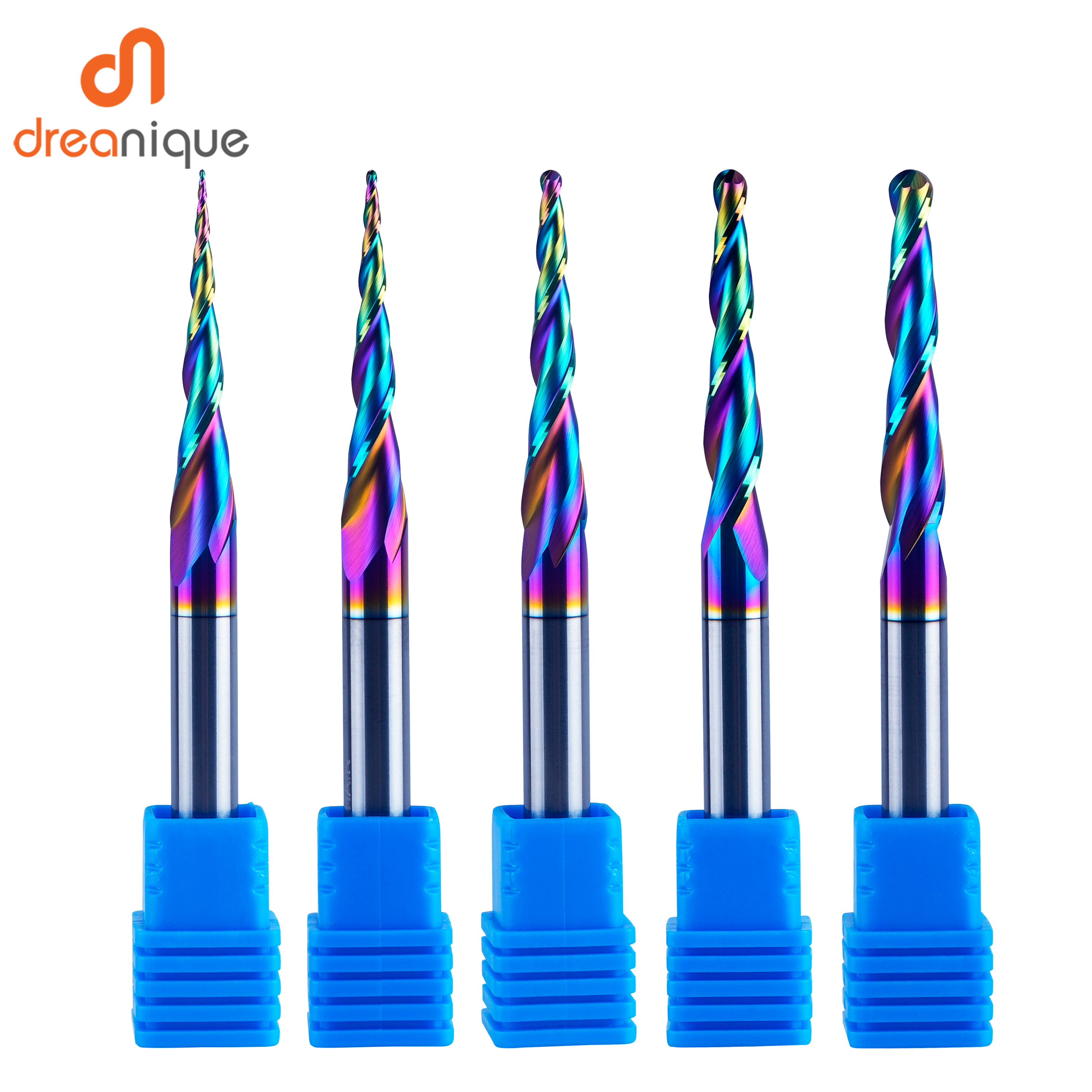 Dreanique 1pc DLC Coated End Mill,Spiral Taper Ball Nose Engraving Bit,2 Flutes Solid Carbide Router Bit For Wood and Aluminium