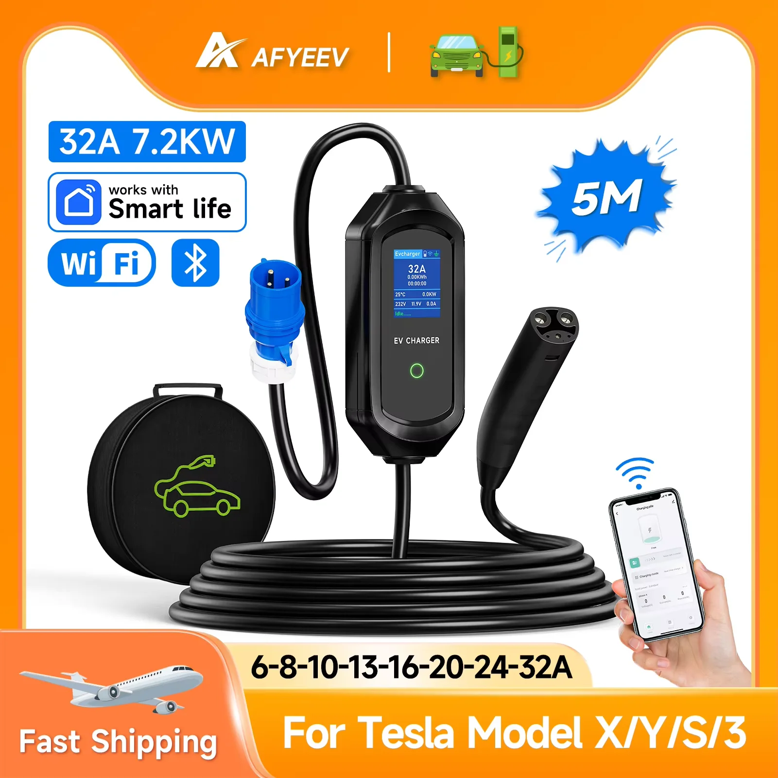 AFYEEV 16A/32A ポータブル EV 充電器テスラ EVSE 充電ボックス EU 米国 CEE プラグ電気自動車の充電器テスラモデル X/Y/S/3