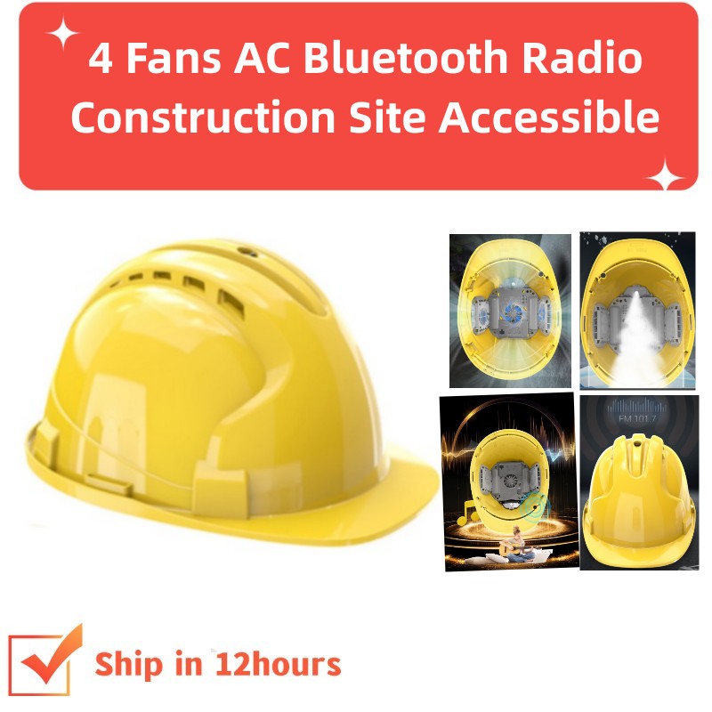 建設用ヘルメット 4 ファン付き スプレーエアコン Bluetooth スピーカー FM ラジオと充電式リチウム電池 パワーバンク