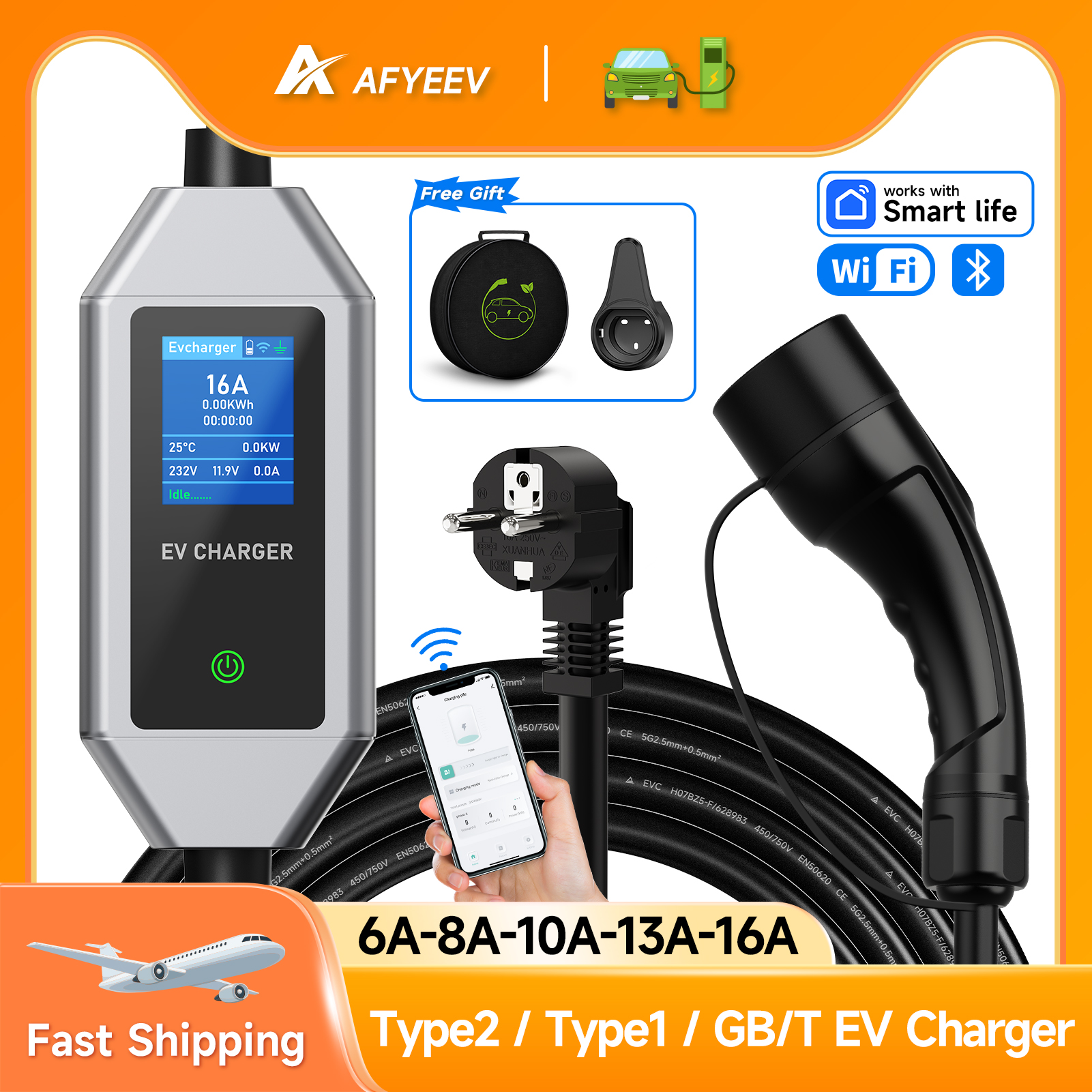 AFYEEV 3.6KW 16A タイプ 2 EV 充電器タイプ 1 GB/T EVSE 充電ケーブルガンマウント付き WiFi Bluetooth APP リモコン単相