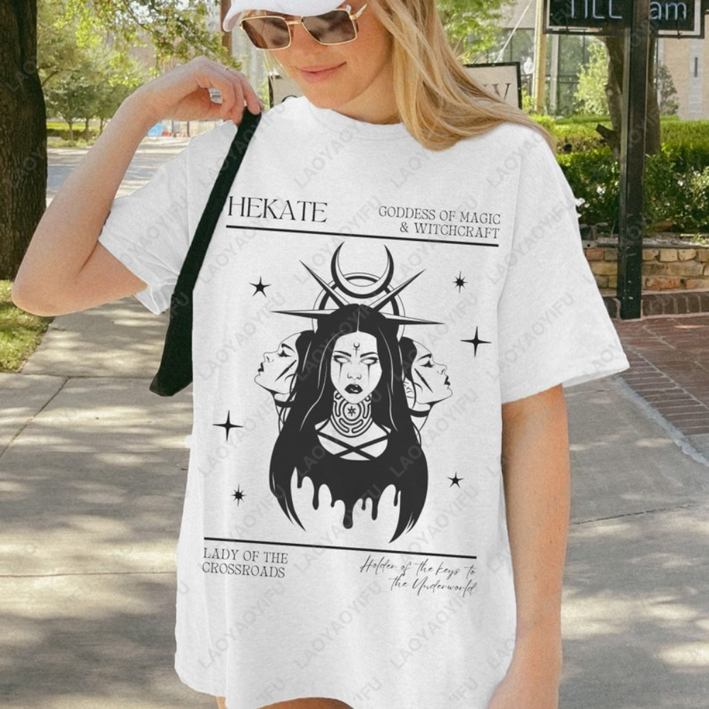 トリプル女神プリント Tシャツトップス女神ヘカテギリシャ神話女性服 Tシャツネクロマンシー服魔女ユニセックストップス