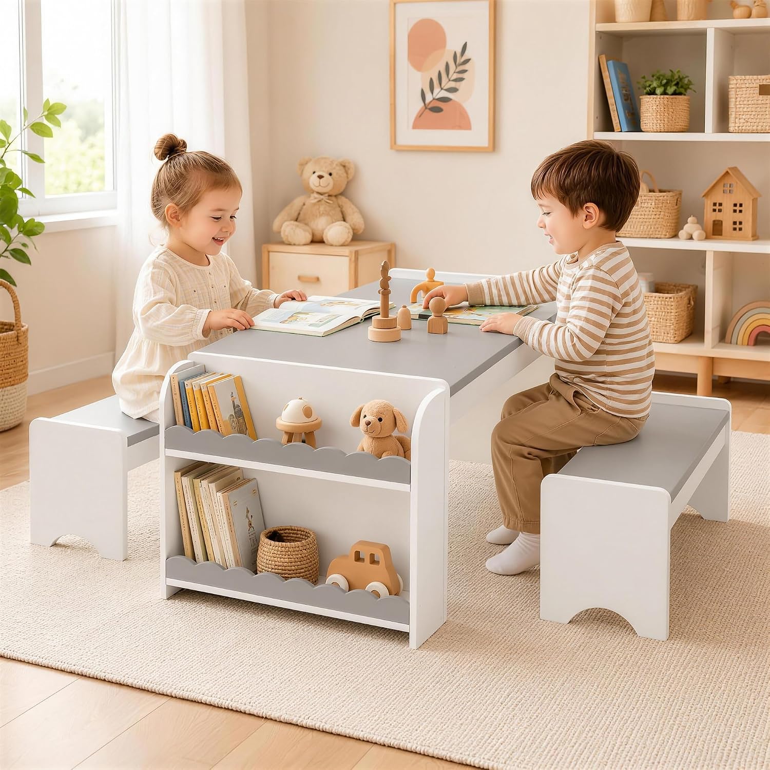 モンテッソーリ子供用テーブルとベンチセット、子供用テーブルと椅子セット、収納付き屋内子供用クラフトテーブル、幼児用デスク、カスタマイズ