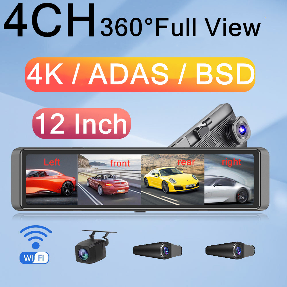 12 インチ ストリーム メディア タッチ スクリーン バックミラー 4 チャンネル 360°フルビュー カー DVR 4K 1080*3 ダッシュカム WIFI ADAS BSD カーレコーダー