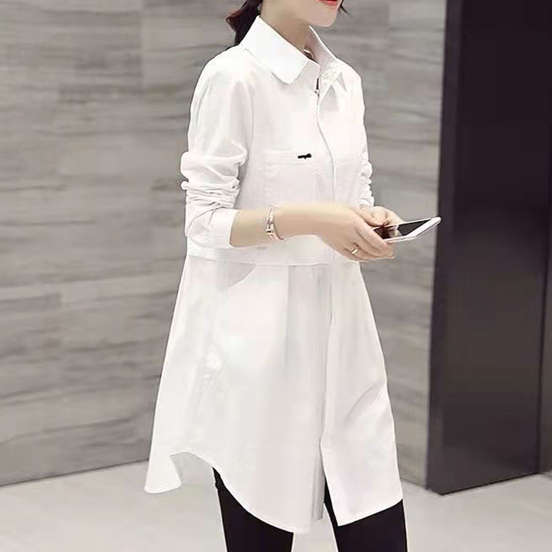 ミッドレングス レディース ポロネック シャツ ホワイト 春/夏用 韓国風 婦人服 スタイリッシュ エレガント ブラウス