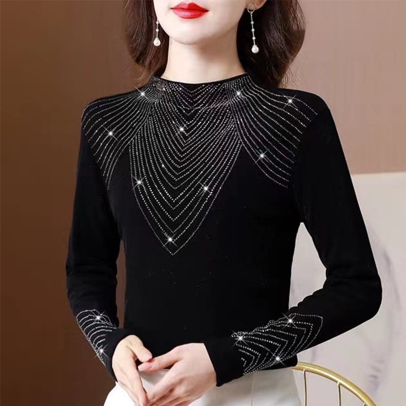 1 個秋冬レディースシャイニングダイヤモンド Tシャツ女性のファッション黒痩身 Tシャツ女性ハーフモックネックサーマルベースレイヤートップ