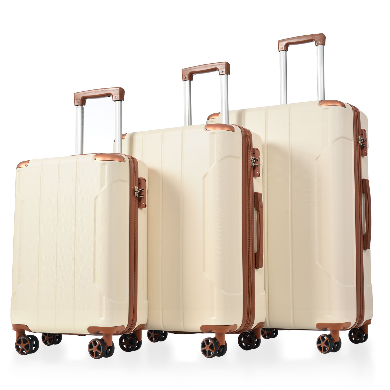 荷物セット 3 ピース、ダブルスピナー付き拡張可能なハードシェル ABS スーツケース、TSA ロック付き旅行荷物セット 20-24-28 インチ、ホワイトブラウン