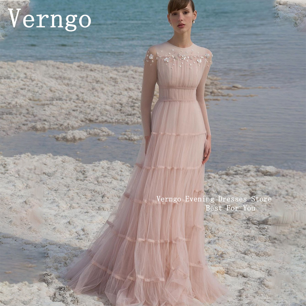 Verngo ベビーピンクチュールウエディングドレスアップリケスパンコールフォーマルパーティードレス女性長袖 A ラインフォーマルウエディングドレスカスタマイズ