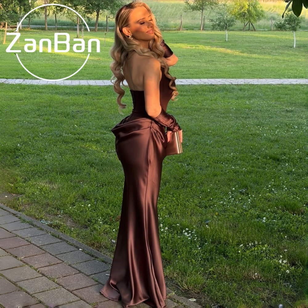 ZanBan ストラップレスマーメイドフォーマルパーティー Gowm Sleevelsss 2026 サテンイブニングドレスブラウンフロアレングス Vestido デ · フェスタカスタマイズ