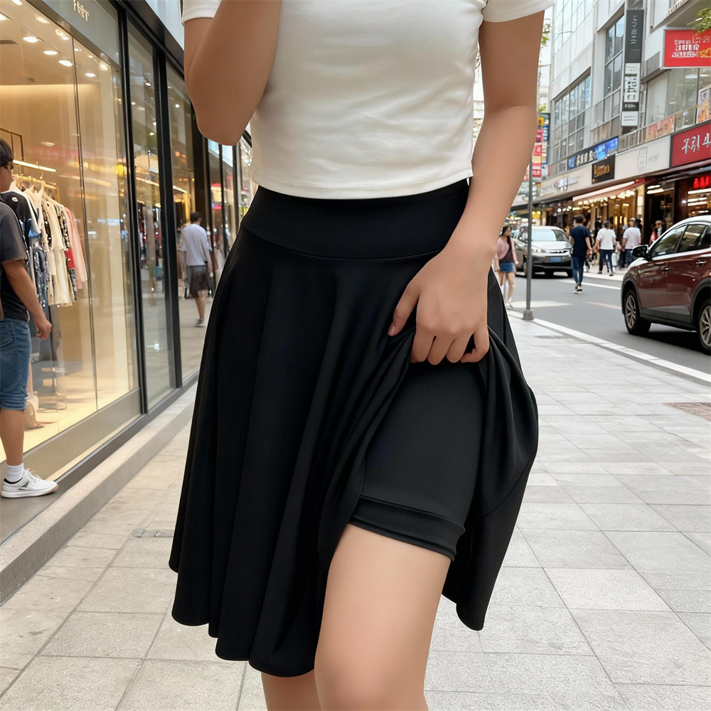 55 センチメートルロングスカートハイウエスト裏地ショーツ膝ハーフスカート女性のファッションカジュアルダンサー服ふわふわプリーツスカート