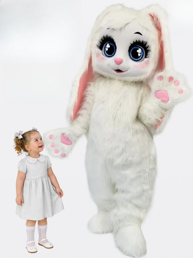 ホワイトロングファーバニーマスコットコスチュームかわいいイースターウサギの毛皮のようなスーツ大人用ハロウィンクリスマスファンシーパーティー漫画衣装