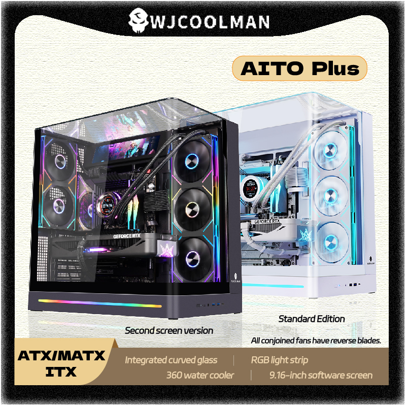WJCOOLMAN AITO Plus ATX PC ケース 9.16 インチスクリーン RGB ライトストリップ 360 ウォータークーラー統合曲面ガラスコンピュータケース