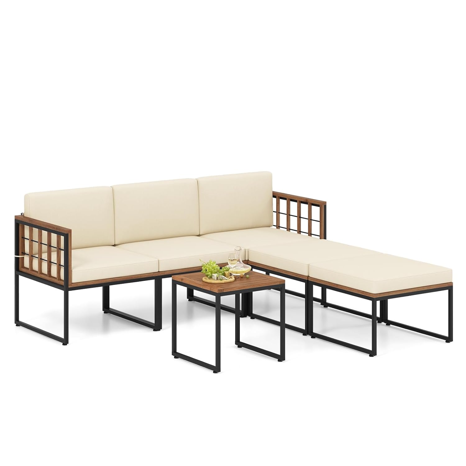 アカシア木製パティオ家具6点セット、Patiojoy屋外セクショナル会話ソファセット、クッション、コーヒーテーブル、オットム付き