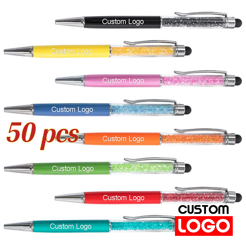 50Pcs Crystal Metal Ballpoint Pens Free Custom Logo Touch Screen Pen Writing Stationery Office School Gift Laser Engraving