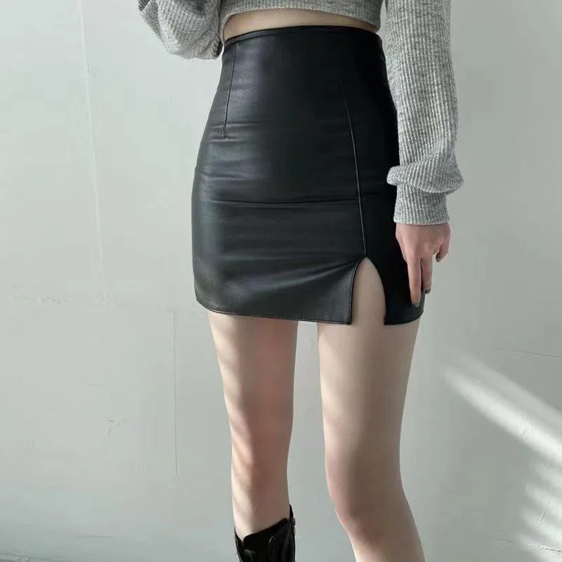 Smvp Balck Pu レザーミニスカートの女性のセクシーなスキニーハイウエストサイドスプリットヒップスカート秋の新韓国オフィスレディショートスカート