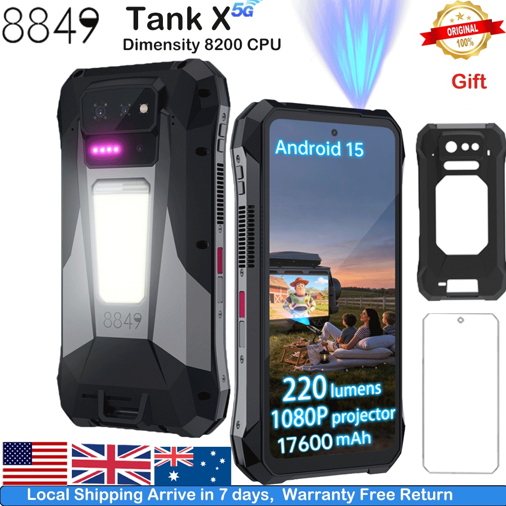 8849 タンク X Unihertz 220 ルーメンプロジェクター頑丈なスマートフォンサポート 1080P 5G AI Android 15 17600mAh 512GB 寸法 8200